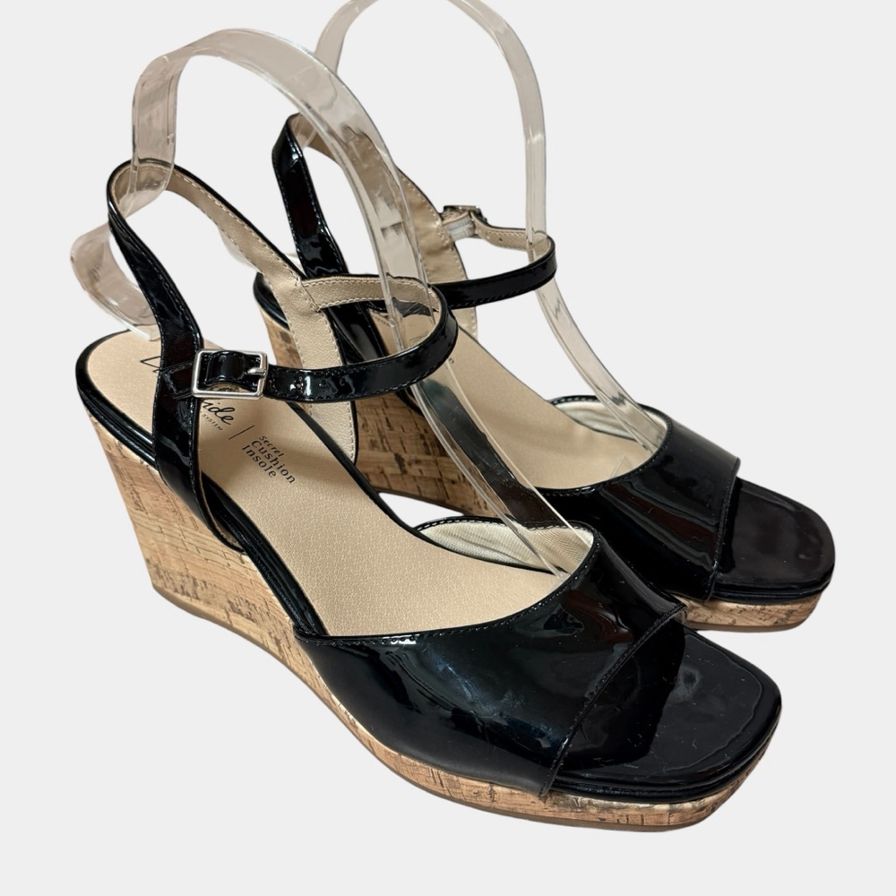 LifeStride Black Patent Cork Wedge Sandals Women Size 8M Ankle Strap Comfort